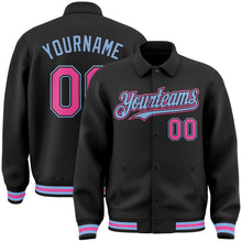 Load image into Gallery viewer, Custom Black Pink-Light Blue Bomber Full-Snap Varsity Letterman Lapel Collar Byron Jacket