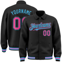 Load image into Gallery viewer, Custom Black Pink-Sky Blue Bomber Full-Snap Varsity Letterman Lapel Collar Byron Jacket