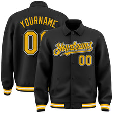 Load image into Gallery viewer, Custom Black Gold-White Bomber Full-Snap Varsity Letterman Lapel Collar Byron Jacket