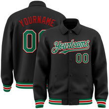 Load image into Gallery viewer, Custom Black Kelly Green-Red Bomber Full-Snap Varsity Letterman Lapel Collar Byron Jacket