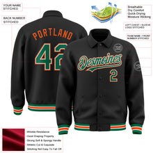 Load image into Gallery viewer, Custom Black Kelly Green-Orange Bomber Full-Snap Varsity Letterman Lapel Collar Byron Jacket