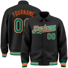 Load image into Gallery viewer, Custom Black Kelly Green-Orange Bomber Full-Snap Varsity Letterman Lapel Collar Byron Jacket