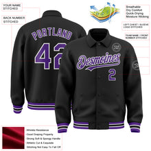 Load image into Gallery viewer, Custom Black Purple-White Bomber Full-Snap Varsity Letterman Lapel Collar Byron Jacket