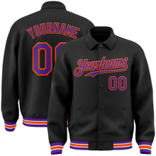 Load image into Gallery viewer, Custom Black Purple-Orange Bomber Full-Snap Varsity Letterman Lapel Collar Byron Jacket