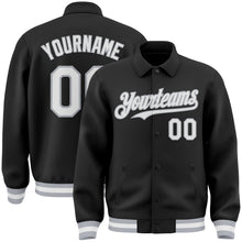 Load image into Gallery viewer, Custom Black White-Gray Bomber Full-Snap Varsity Letterman Lapel Collar Byron Jacket