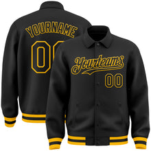 Load image into Gallery viewer, Custom Black Gold Bomber Full-Snap Varsity Letterman Lapel Collar Byron Jacket