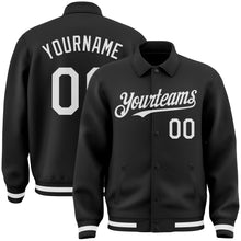 Load image into Gallery viewer, Custom Black White Bomber Full-Snap Varsity Letterman Lapel Collar Byron Jacket
