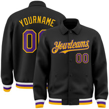 Load image into Gallery viewer, Custom Black Purple-Gold Bomber Full-Snap Varsity Letterman Lapel Collar Byron Jacket