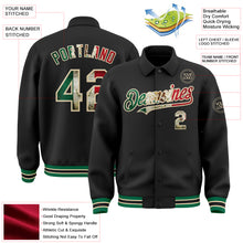 Load image into Gallery viewer, Custom Black Vintage Mexican Flag Cream-Kelly Green Bomber Full-Snap Varsity Letterman Lapel Collar Byron Jacket