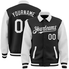 Load image into Gallery viewer, Custom Black White Bomber Full-Snap Varsity Letterman Two Tone Lapel Collar Byron Jacket