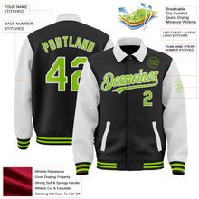 Load image into Gallery viewer, Custom Black Neon Green-White Bomber Full-Snap Varsity Letterman Two Tone Lapel Collar Byron Jacket