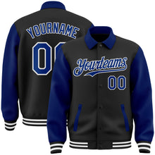 Load image into Gallery viewer, Custom Black Royal-White Bomber Full-Snap Varsity Letterman Two Tone Lapel Collar Byron Jacket