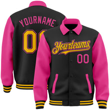 Load image into Gallery viewer, Custom Black Gold-Pink Bomber Full-Snap Varsity Letterman Two Tone Lapel Collar Byron Jacket