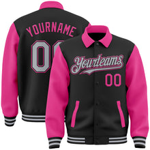Load image into Gallery viewer, Custom Black Gray-Pink Bomber Full-Snap Varsity Letterman Two Tone Lapel Collar Byron Jacket