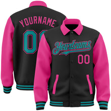 Load image into Gallery viewer, Custom Black Teal-Pink Bomber Full-Snap Varsity Letterman Two Tone Lapel Collar Byron Jacket