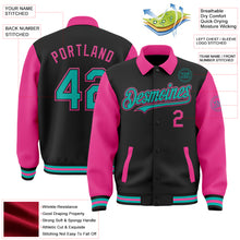 Load image into Gallery viewer, Custom Black Aqua-Pink Bomber Full-Snap Varsity Letterman Two Tone Lapel Collar Byron Jacket
