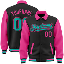 Load image into Gallery viewer, Custom Black Aqua-Pink Bomber Full-Snap Varsity Letterman Two Tone Lapel Collar Byron Jacket