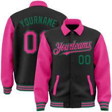 Load image into Gallery viewer, Custom Black Pink-Kelly Green Bomber Full-Snap Varsity Letterman Two Tone Lapel Collar Byron Jacket