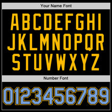 Load image into Gallery viewer, Custom Black Light Blue-Gold Bomber Full-Snap Varsity Letterman Two Tone Lapel Collar Byron Jacket