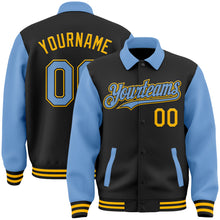 Load image into Gallery viewer, Custom Black Light Blue-Gold Bomber Full-Snap Varsity Letterman Two Tone Lapel Collar Byron Jacket