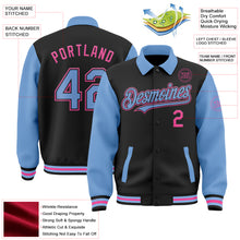 Load image into Gallery viewer, Custom Black Light Blue-Pink Bomber Full-Snap Varsity Letterman Two Tone Lapel Collar Byron Jacket