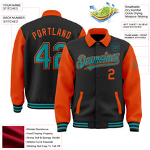 Load image into Gallery viewer, Custom Black Teal-Orange Bomber Full-Snap Varsity Letterman Two Tone Lapel Collar Byron Jacket