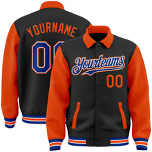 Load image into Gallery viewer, Custom Black Royal-Orange Bomber Full-Snap Varsity Letterman Two Tone Lapel Collar Byron Jacket