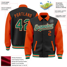 Load image into Gallery viewer, Custom Black Kelly Green-Orange Bomber Full-Snap Varsity Letterman Two Tone Lapel Collar Byron Jacket