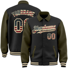 Load image into Gallery viewer, Custom Black Vintage USA Flag Olive-Cream Bomber Full-Snap Varsity Letterman Two Tone Lapel Collar Byron Jacket