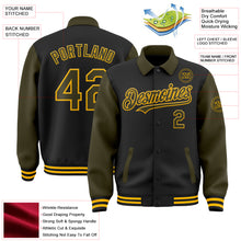 Load image into Gallery viewer, Custom Black Olive-Gold Bomber Full-Snap Varsity Letterman Two Tone Lapel Collar Byron Jacket