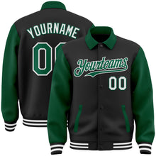 Load image into Gallery viewer, Custom Black Kelly Green-White Bomber Full-Snap Varsity Letterman Two Tone Lapel Collar Byron Jacket
