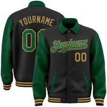 Load image into Gallery viewer, Custom Black Kelly Green-Old Gold Bomber Full-Snap Varsity Letterman Two Tone Lapel Collar Byron Jacket