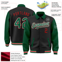 Load image into Gallery viewer, Custom Black Kelly Green-Red Bomber Full-Snap Varsity Letterman Two Tone Lapel Collar Byron Jacket