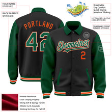 Load image into Gallery viewer, Custom Black Kelly Green-Orange Bomber Full-Snap Varsity Letterman Two Tone Lapel Collar Byron Jacket