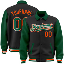 Load image into Gallery viewer, Custom Black Kelly Green-Orange Bomber Full-Snap Varsity Letterman Two Tone Lapel Collar Byron Jacket