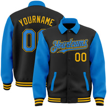 Load image into Gallery viewer, Custom Black Powder Blue-Gold Bomber Full-Snap Varsity Letterman Two Tone Lapel Collar Byron Jacket