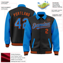 Load image into Gallery viewer, Custom Black Powder Blue-Orange Bomber Full-Snap Varsity Letterman Two Tone Lapel Collar Byron Jacket