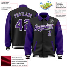 Load image into Gallery viewer, Custom Black Purple-White Bomber Full-Snap Varsity Letterman Two Tone Lapel Collar Byron Jacket