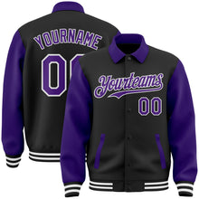 Load image into Gallery viewer, Custom Black Purple-White Bomber Full-Snap Varsity Letterman Two Tone Lapel Collar Byron Jacket