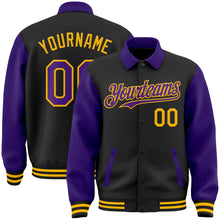 Load image into Gallery viewer, Custom Black Purple-Gold Bomber Full-Snap Varsity Letterman Two Tone Lapel Collar Byron Jacket