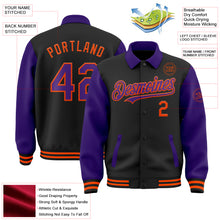 Load image into Gallery viewer, Custom Black Purple-Orange Bomber Full-Snap Varsity Letterman Two Tone Lapel Collar Byron Jacket