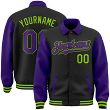 Load image into Gallery viewer, Custom Black Purple-Neon Green Bomber Full-Snap Varsity Letterman Two Tone Lapel Collar Byron Jacket