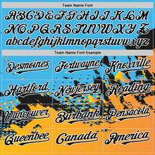 Load image into Gallery viewer, Custom Sky Blue Black-Gold Abstract Splash Grunge Art 3D Pattern Design Bomber Full-Snap Varsity Letterman Hoodie Jacket