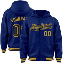 Load image into Gallery viewer, Custom Royal Black-Old Gold Bomber Full-Snap Varsity Letterman Hoodie Jacket