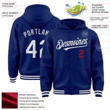 Load image into Gallery viewer, Custom Royal White-Red Bomber Full-Snap Varsity Letterman Hoodie Jacket