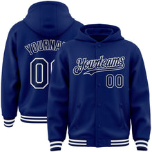 Load image into Gallery viewer, Custom Royal Navy-White Bomber Full-Snap Varsity Letterman Hoodie Jacket