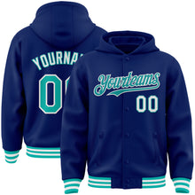 Load image into Gallery viewer, Custom Royal Aqua-White Bomber Full-Snap Varsity Letterman Hoodie Jacket