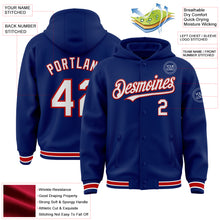 Load image into Gallery viewer, Custom Royal White-Red Bomber Full-Snap Varsity Letterman Hoodie Jacket