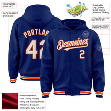 Load image into Gallery viewer, Custom Royal White-Orange Bomber Full-Snap Varsity Letterman Hoodie Jacket