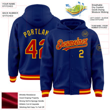 Load image into Gallery viewer, Custom Royal Red-Gold Bomber Full-Snap Varsity Letterman Hoodie Jacket